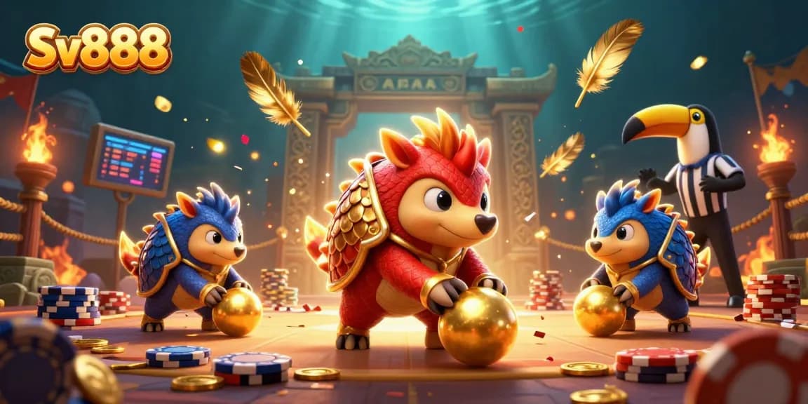 Sv888 casino action with dynamic pangolins bowling through poker chips in a vibrant 3D illustration.