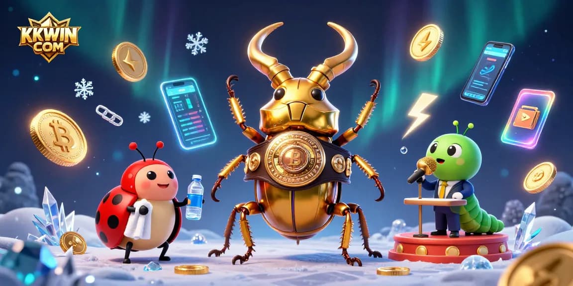 Engage with KKWIN COM's dynamic gaming scene featuring a 3D beetle champion in a lively casino setting.