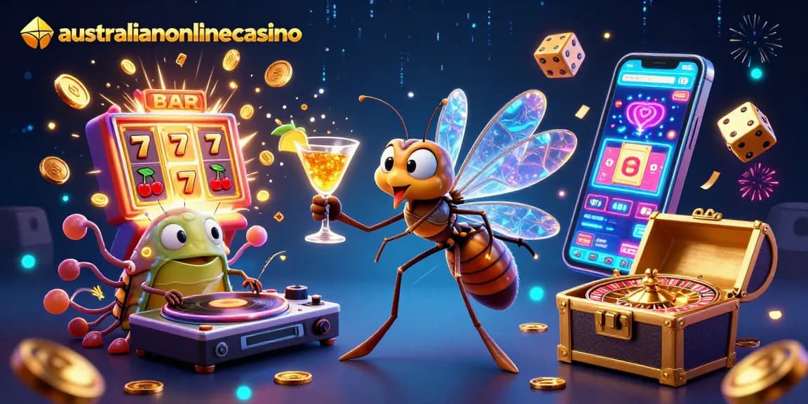 A lively scene of a frozen mosquito mascot and trilobite DJ at australianonlinecasino showcasing a colorful casino atmosphere.
