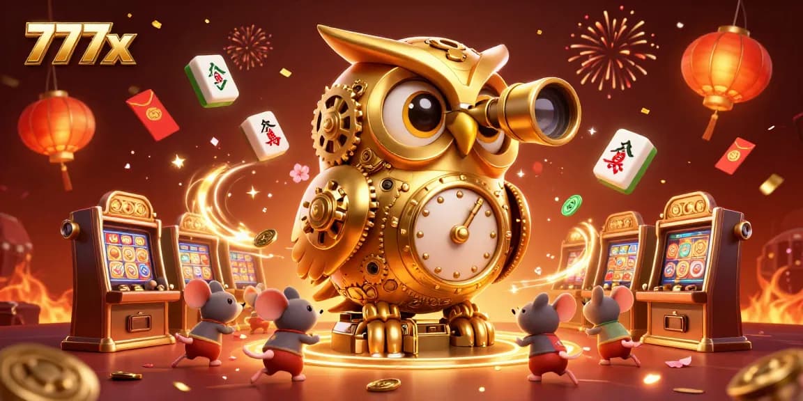 Experience the dynamic gaming atmosphere at 777x, with a clockwork owl overseeing the casino floor.