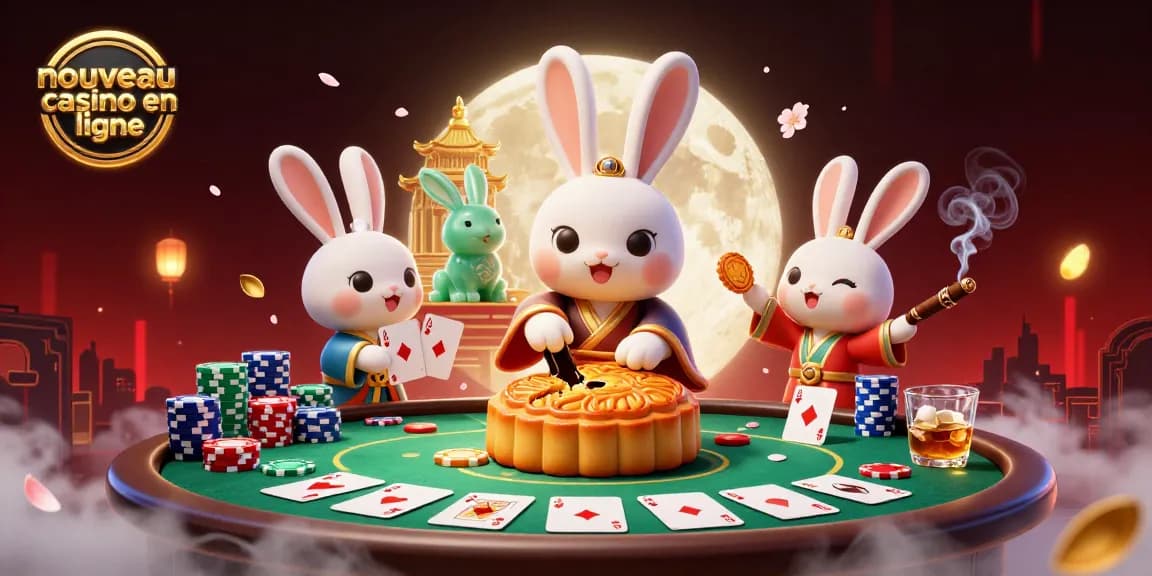 Illustration 3D du concept nouveau casino en ligne avec un lapin de la lune et des jetons de poker.