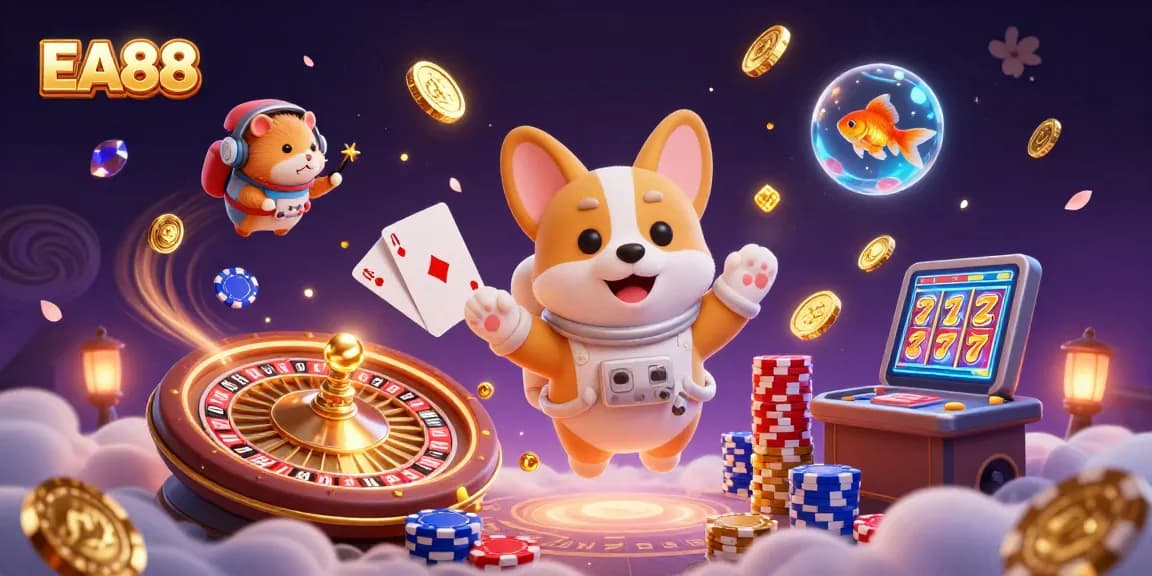 Engage in thrilling gameplay at EA88 with floating symbols and exciting casino elements.