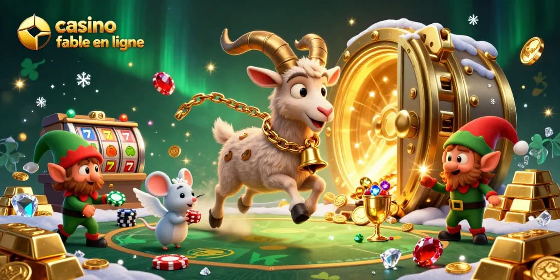 Illustration dynamique de casino fiable en ligne avec Krampus, souris ange et gremlins elfes au milieu des gaines.