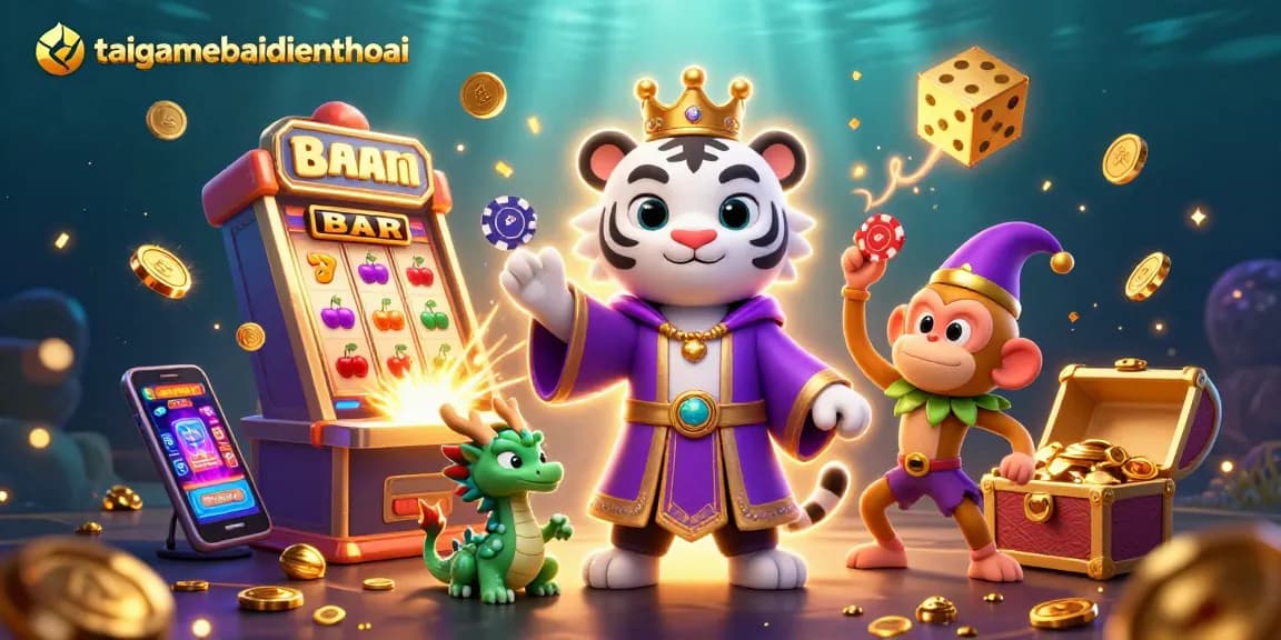 Experience the excitement of taigamebaidienthoai with a lively casino scene featuring a tiger, monkey, and dragon.