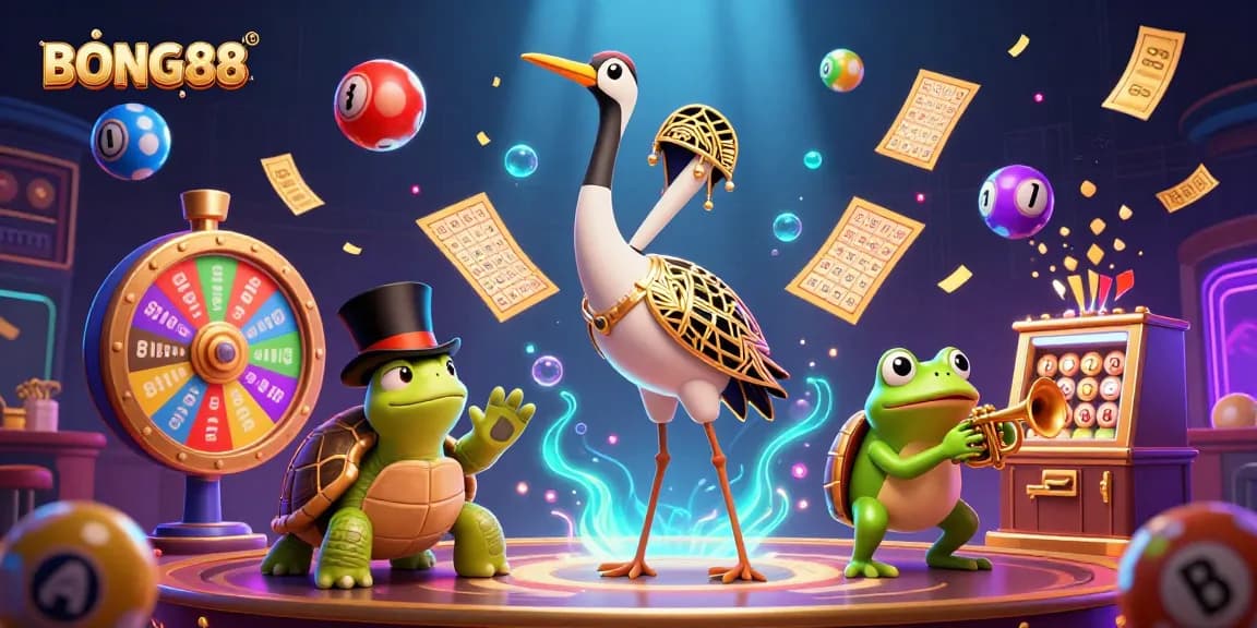 BONG88 showcases vibrant fun in a bustling cartoon casino scene with 3D characters and lottery elements.