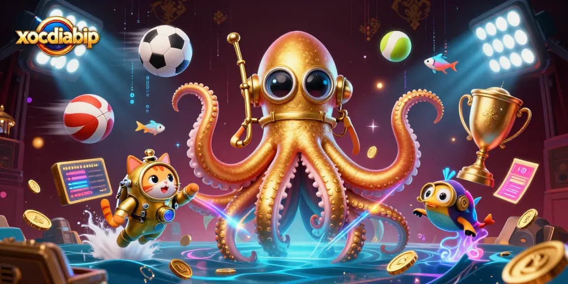 xocdiabip features a colossal kraken and diving cat in a vibrant casino-themed 3D illustration.