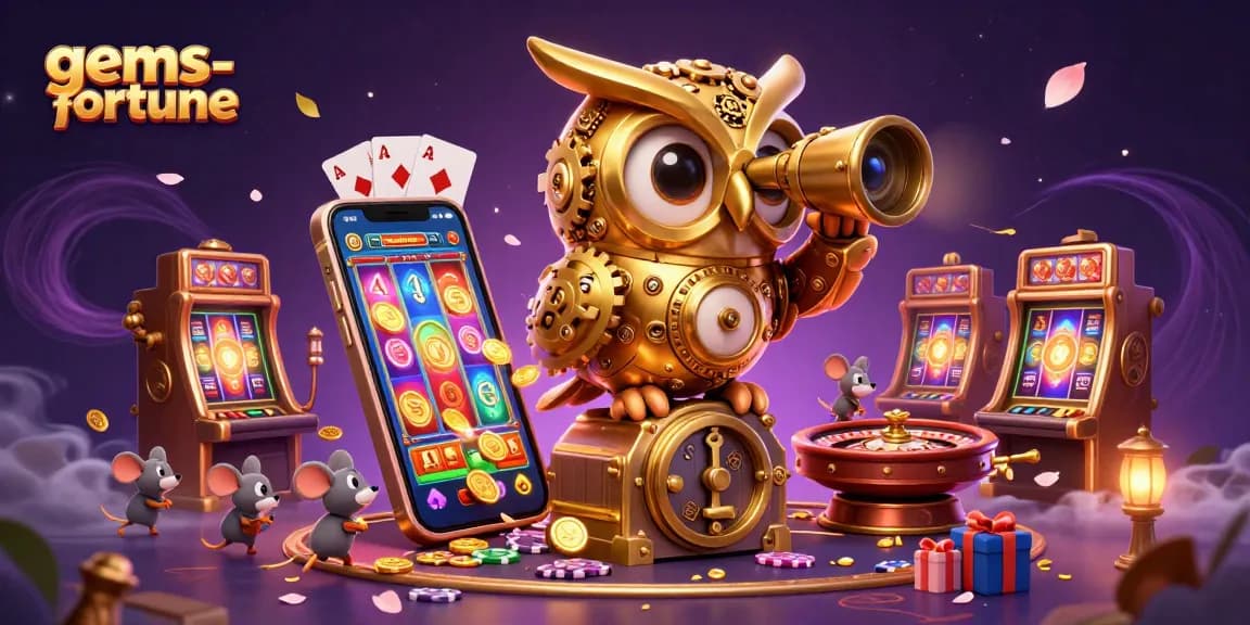 Spin the reels in the vibrant world of gems-fortune with a dazzling owl and fun casino elements!