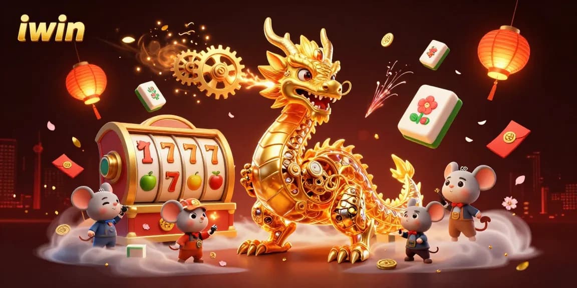 Experience thrilling iwin action with a vibrant illustration featuring dynamic slot reels and a magical dragon.