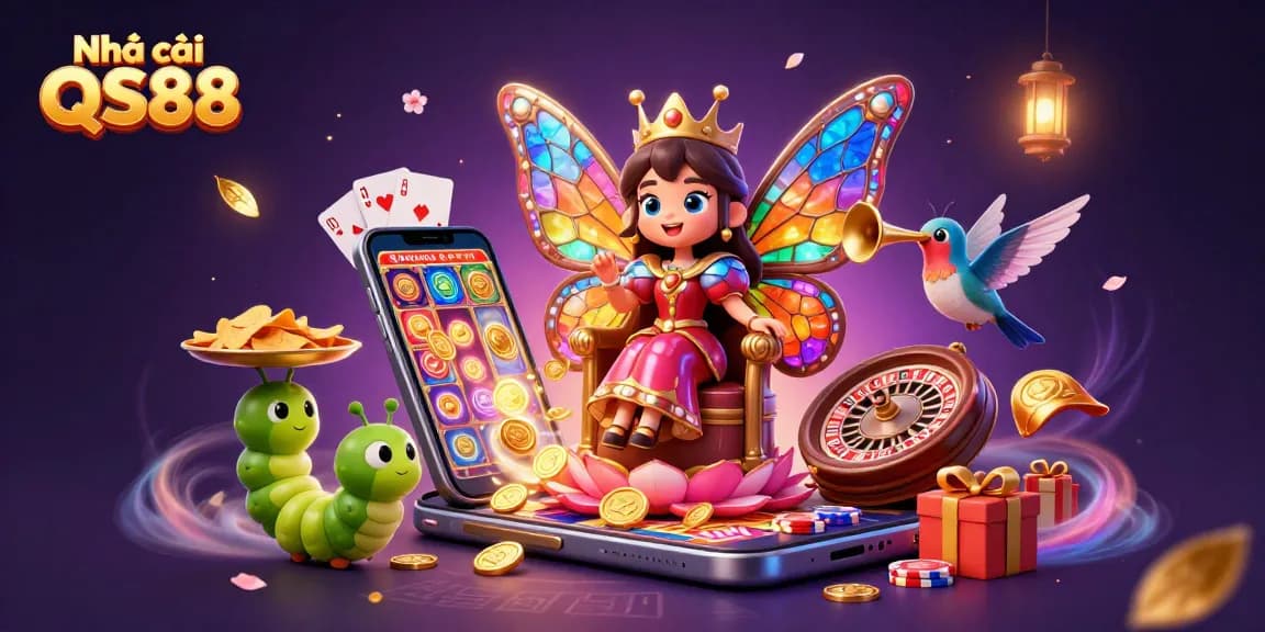 Engage with Nhà cái QS88's vibrant casino scene featuring colorful slot games and whimsical characters.