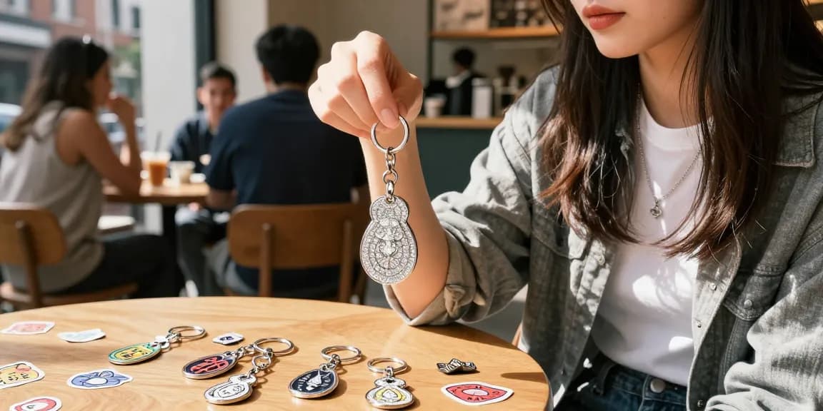 Woman showcasing a sparkling diamond keychain among vibrant custom accessories in an urban café.
