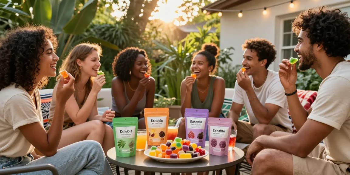 Enjoying the best THC gummies with friends in a cozy outdoor gathering, featuring colorful Exhale Wellness gummies.