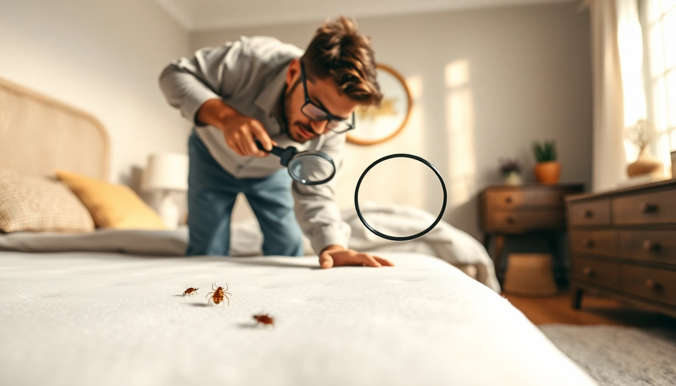Effective bed bug removal inspection by a technician in a cozy bedroom setting.