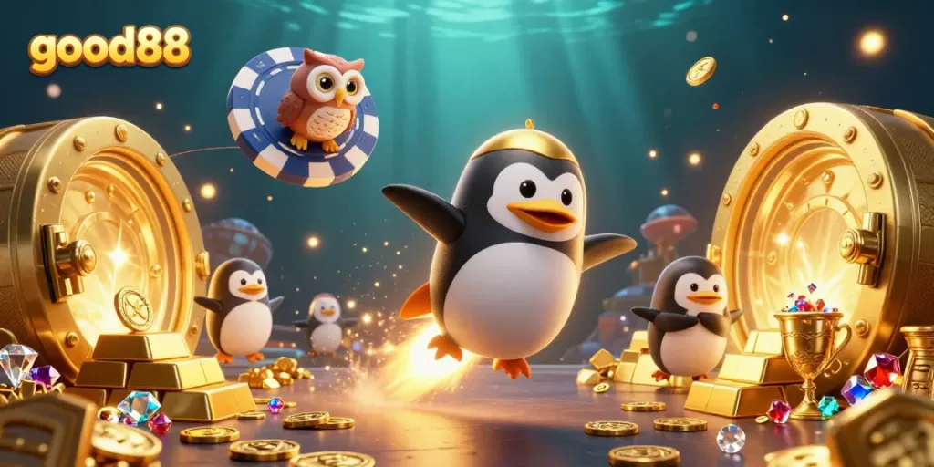 Experience thrilling gameplay with good88 as a golden penguin blasts through a vibrant casino-themed universe.