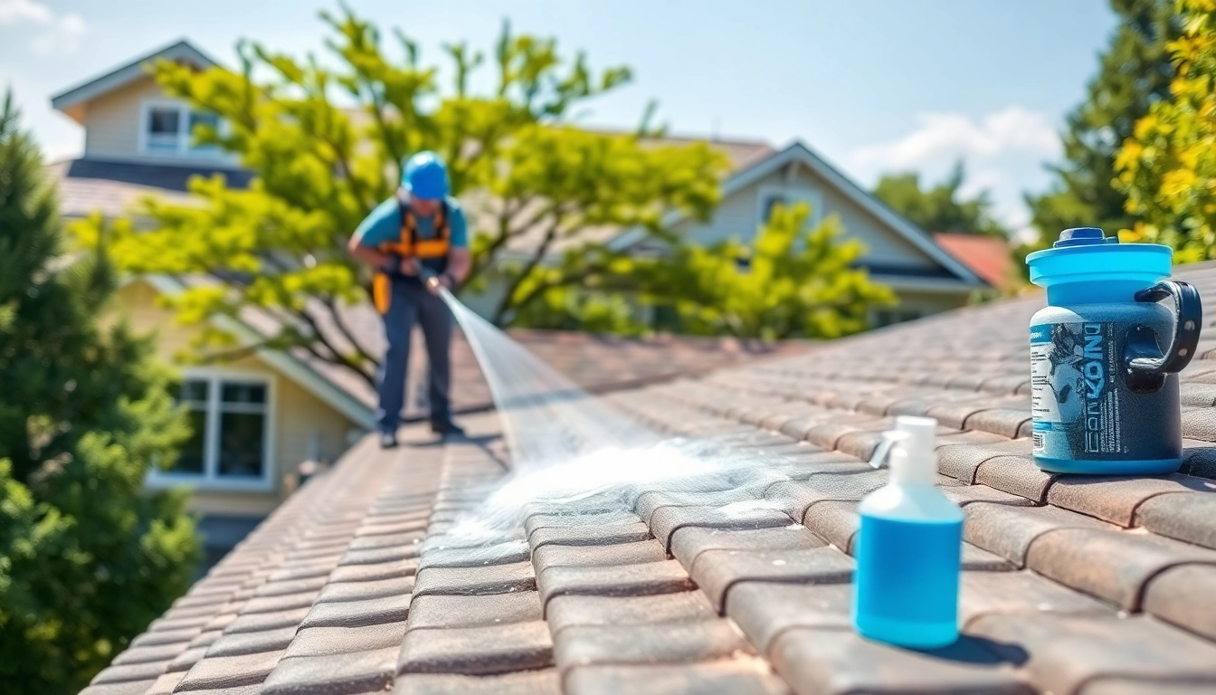 Professional roof cleaning technician servicing a residential roof, ensuring thorough cleaning.