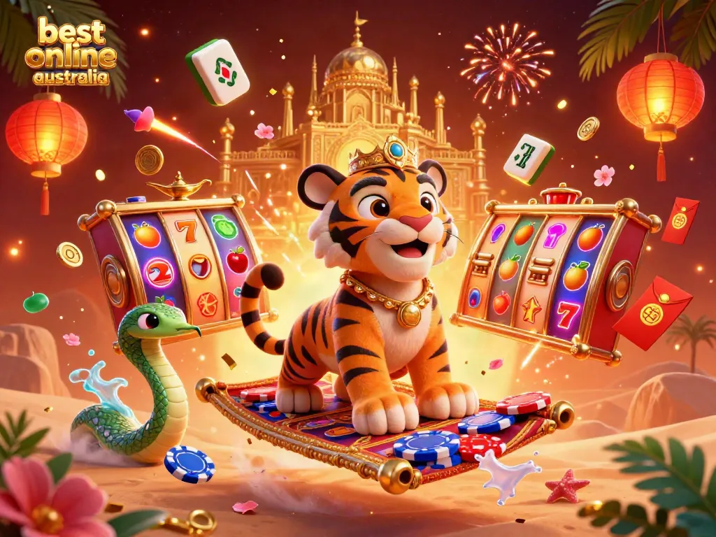 Experience the excitement of the best online casino Australia with a vibrant and colorful 3D illustration showcasing a magical tiger sultan and dynamic gaming elements.