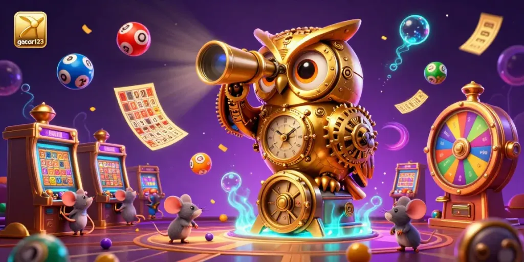 Experience the excitement of gacor123 with a golden owl surveying a bustling casino filled with vibrant games.
