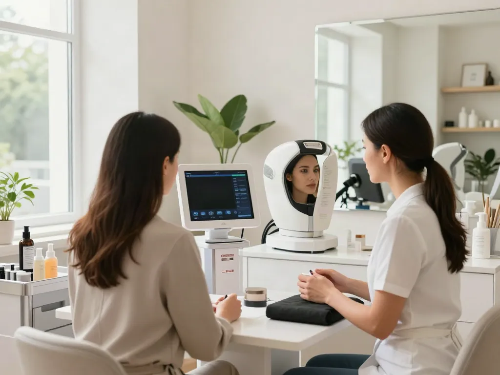 Alternatives to QOVES - Beauty consultation scene showing facial analysis process with expert in a modern studio.