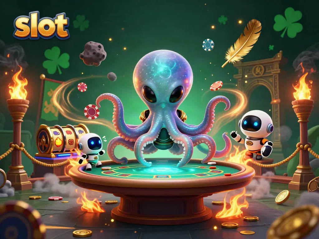 Experience thrilling slot gameplay with a cartoon alien octopus operating a poker table in a vibrant casino setting.