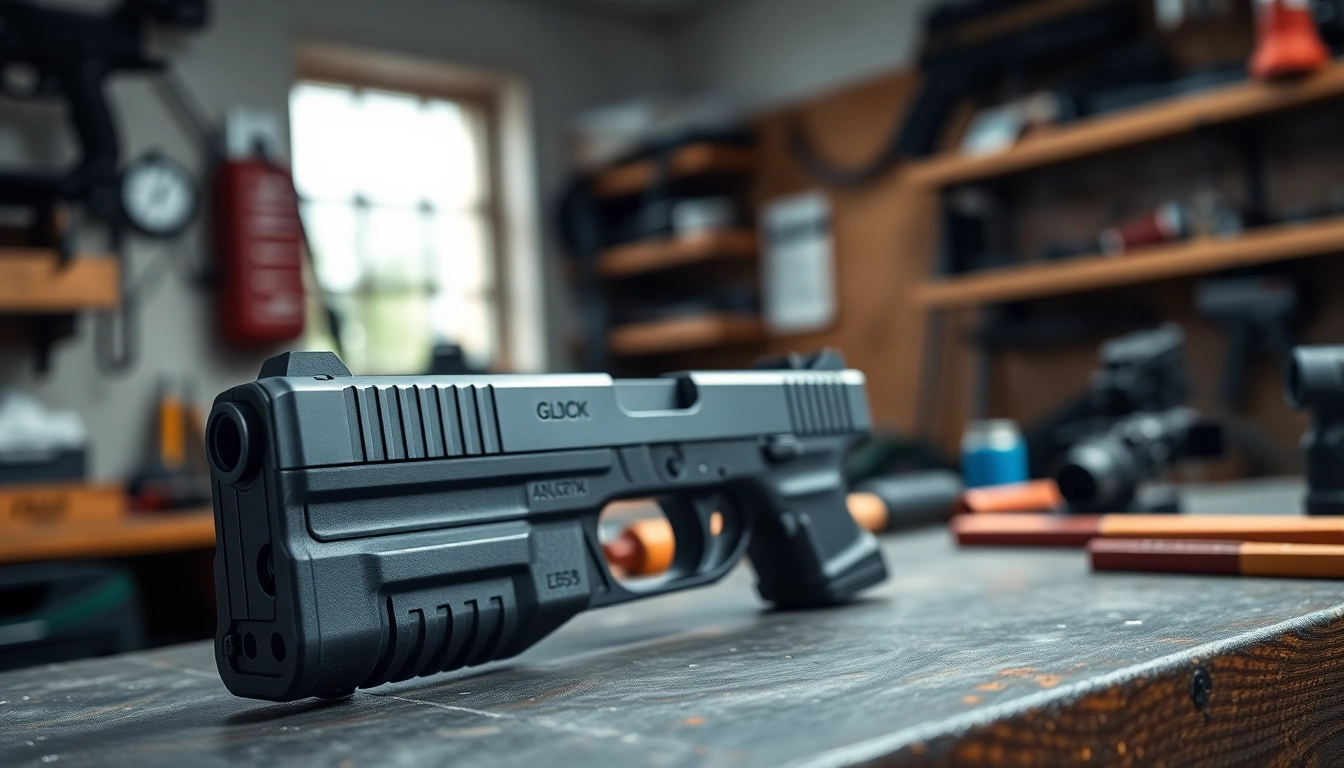 Showcasing detailed Glock 19 slides on a workshop bench, emphasizing craftsmanship and quality.