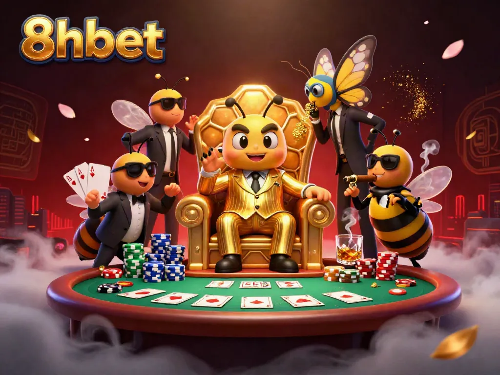 Experience the excitement of 8xbet with a lively 3D illustration showcasing vibrant casino elements and characters.