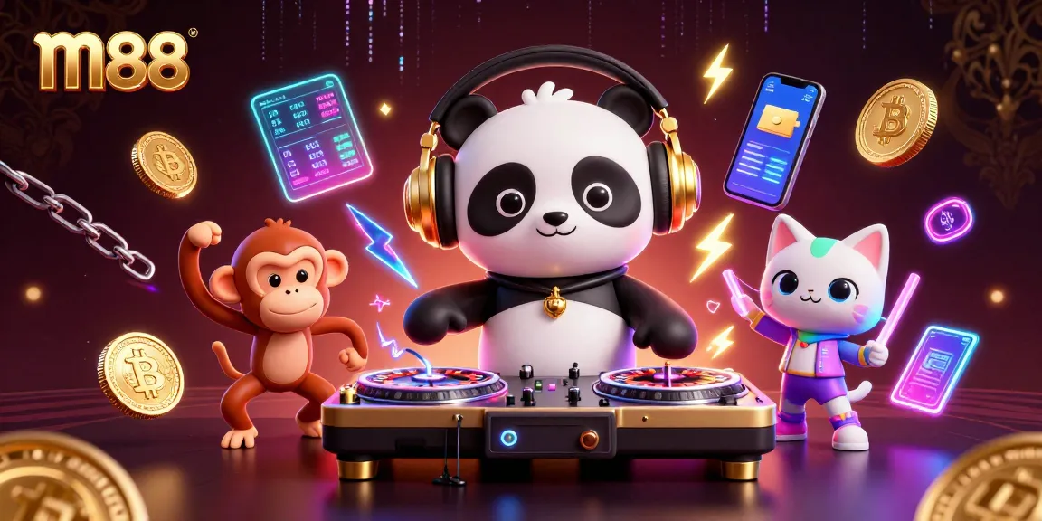 Engage with m88's vibrant casino atmosphere featuring a DJ panda, dancing monkey, and rave kitten.
