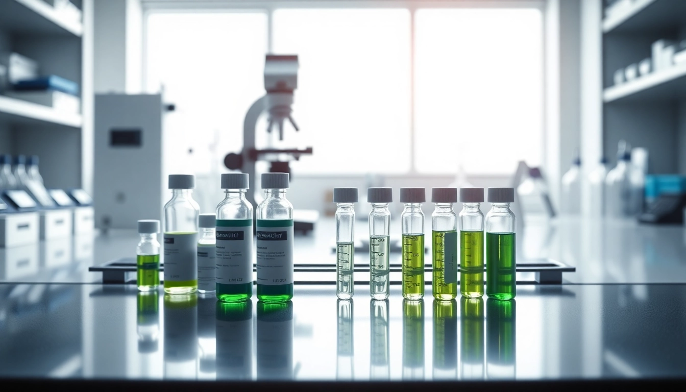 Showcase research peptides and laboratory equipment in a modern scientific setting.
