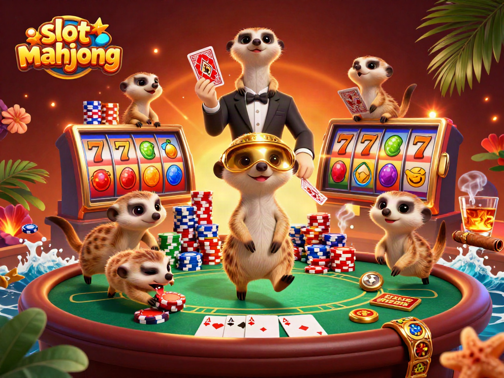 Experience thrilling slot mahjong action with a bustling meerkat casino scene full of vibrant colors and game elements.