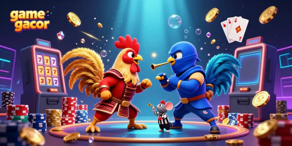 Game slot gacor showcases intense rooster standoff amidst cascading coins and vibrant casino elements.