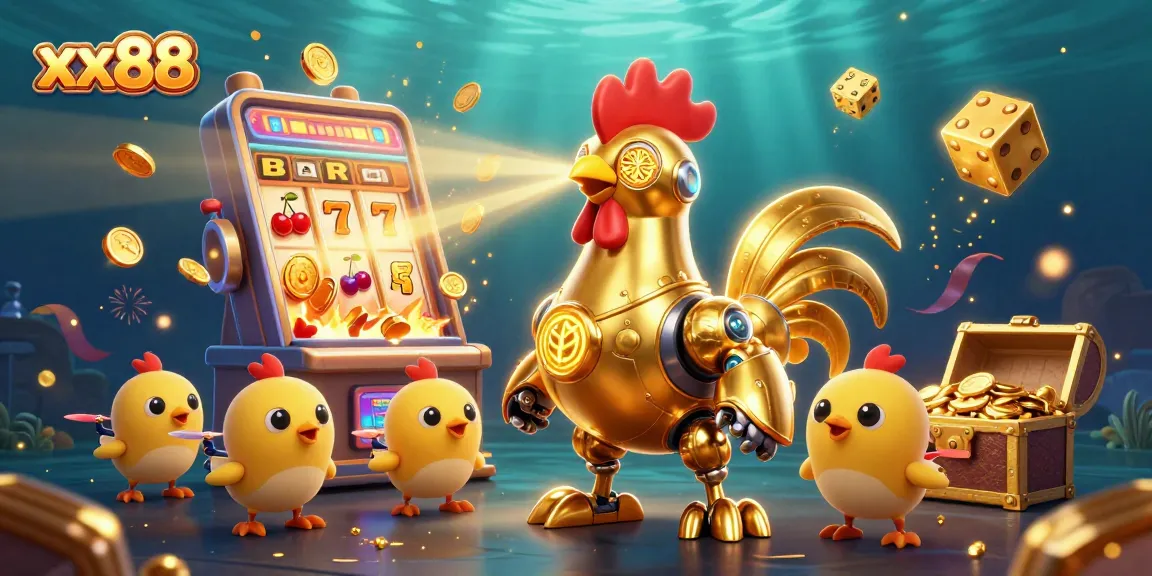 Experience the exciting gameplay of xx88 with golden rooster robot and slot machines.