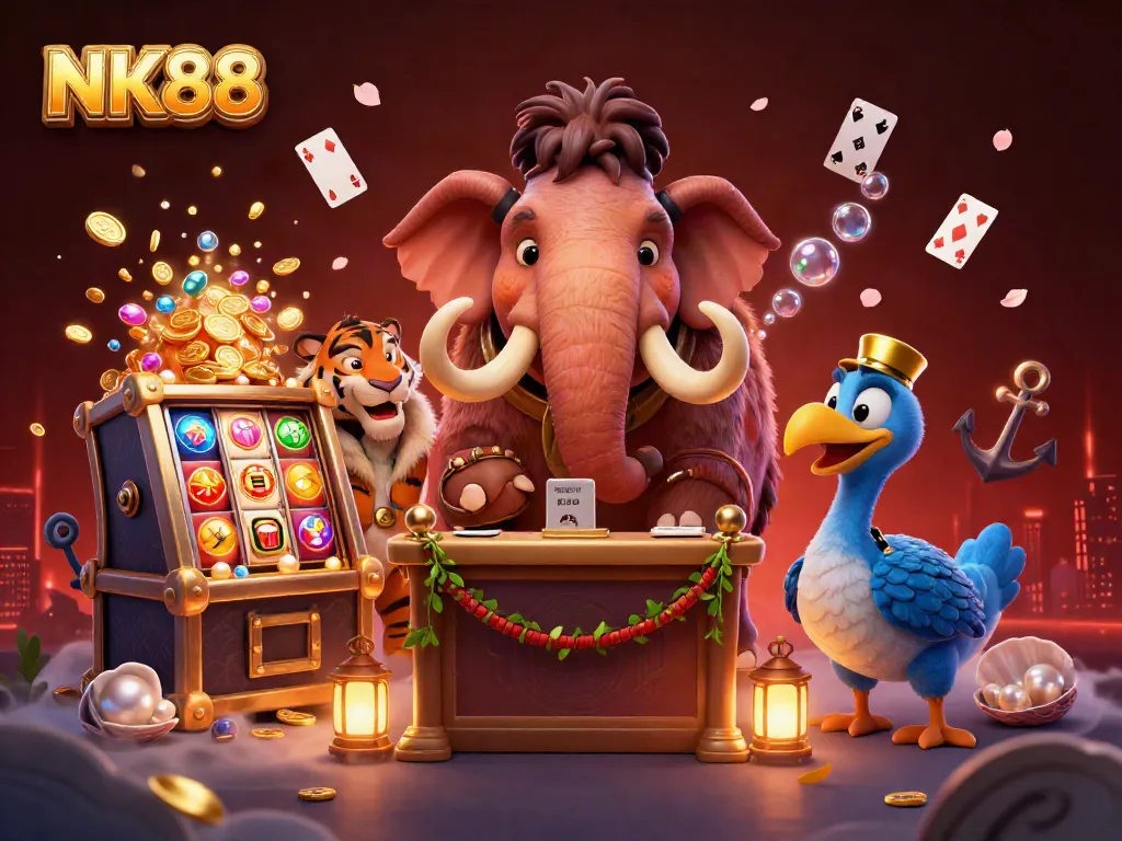 Experience the excitement of NK88 with cheerful cartoon characters in a vibrant casino scene showcasing dynamic slots.