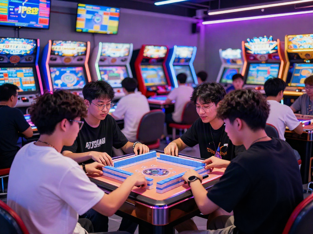 Players immersed in MahjongJP88 at a vibrant arcade with neon lights.