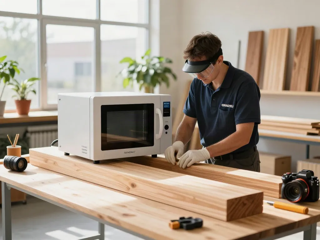 SHASHEL® technician operating eco-friendly microwave woodworm treatment equipment in a bright workshop.