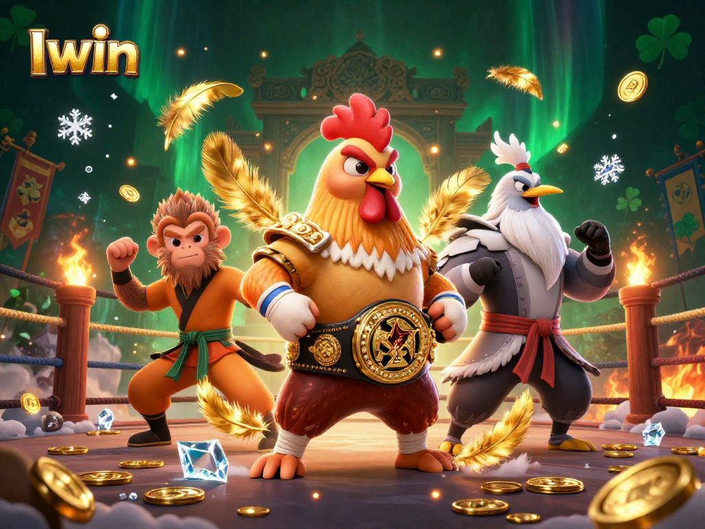 Iwin showcases a Muay Thai rooster and martial artists in a vibrant casino scene full of action.