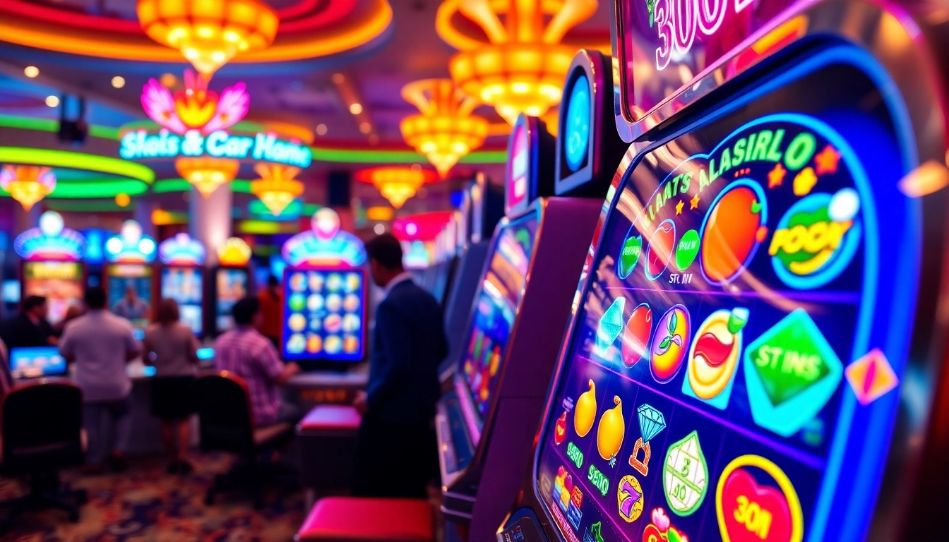 Engaging players enjoying slot gambling with colorful machines lighting up the casino.