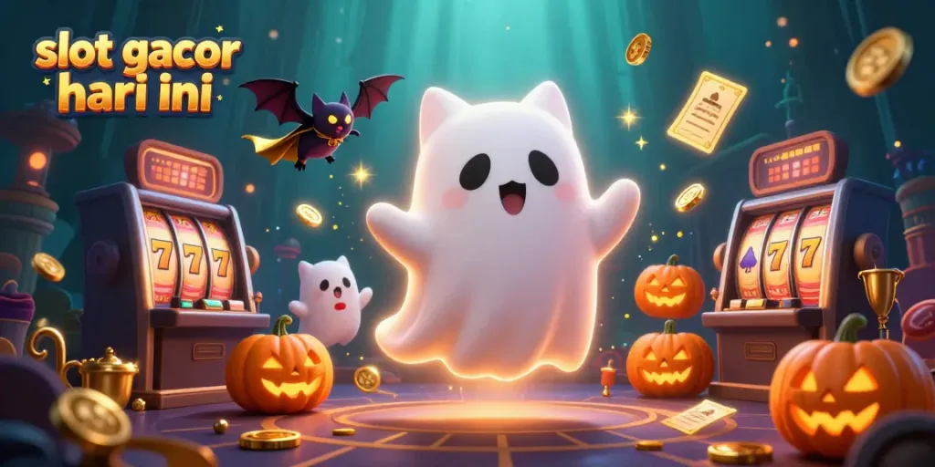 Slot gacor hari ini menyajikan kucing hantu dan kelelawar di kasino, dikelilingi mesin slot berkilau.