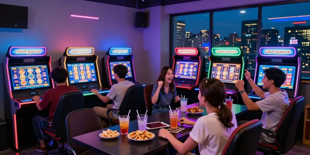 Friends enjoying slot gacor games in a lively gaming lounge atmosphere.