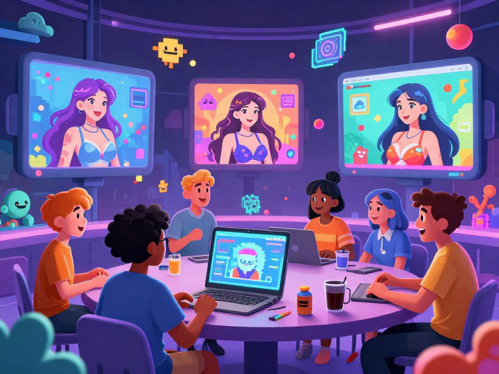 Engaging scene of a hentai ai chat room with animated characters discussing AI-generated art, showcasing creativity and technology.