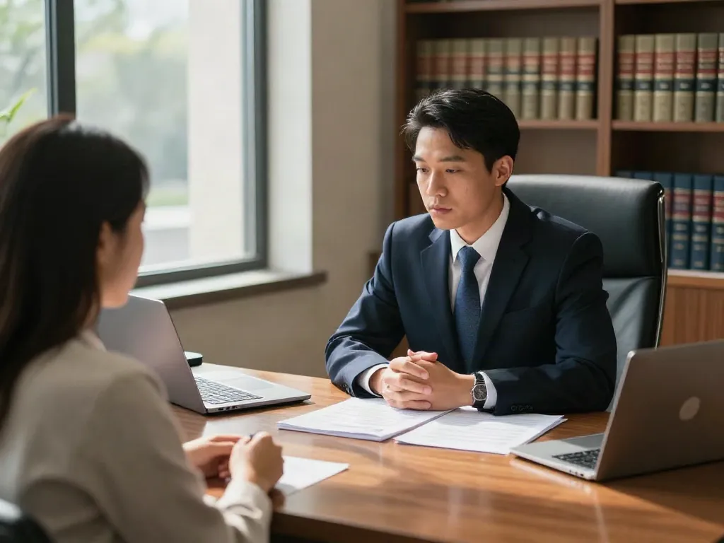 DUI attorney Cherokee County GA discussing case details with a client in a warm office setting.