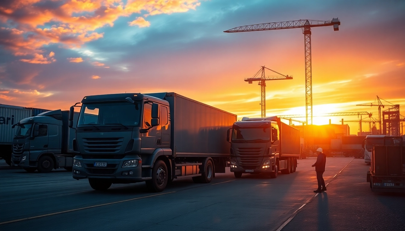 Heavy equipment hailing with trucks and machinery in a dynamic industrial setting under a sunset.
