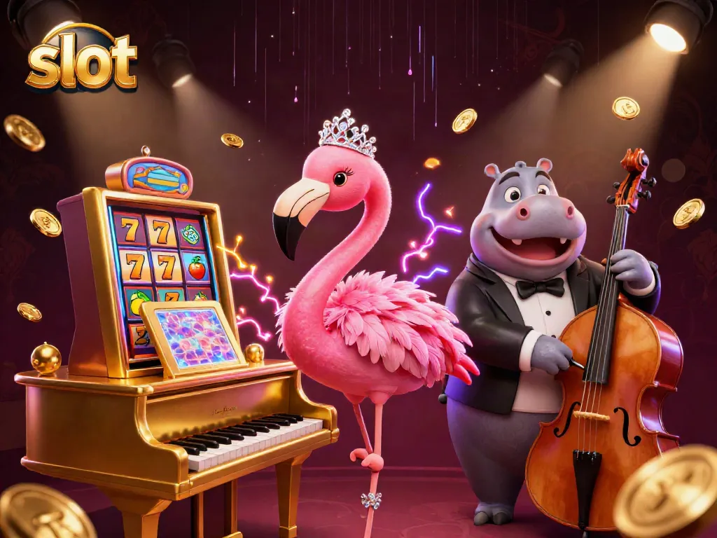 Putar slot dengan simbol keberuntungan di sekitar penyanyi flamingo bercahaya di kasino.