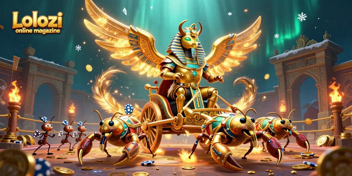 Lolozi online magazine showcases an epic 3D scene with a colossal scarab beetle, scorpions, and poker chips, highlighting gambling excitement.