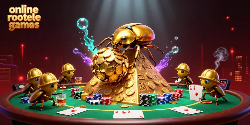 Experience thrilling online roulette games with golden beetles and casino elements in a vibrant 3D scene.