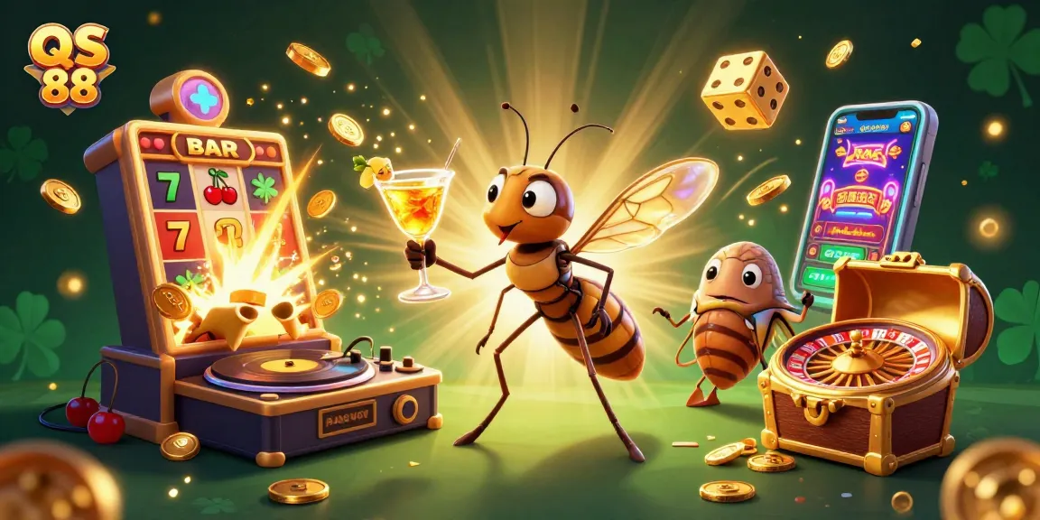 Experience excitement with QS 88 as a frozen-in-amber mosquito mascot and trilobite DJ in a vibrant casino scene.