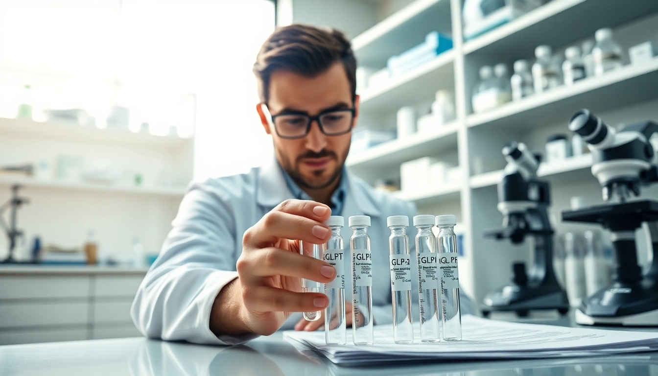 Analyze glp-3 peptide vials in a professional laboratory setting to highlight research precision.