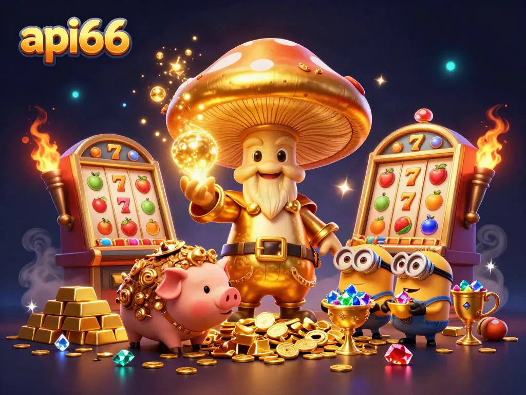 Experience thrilling gameplay with api66's dynamic slot machines and enchanting characters in a vibrant illustration.