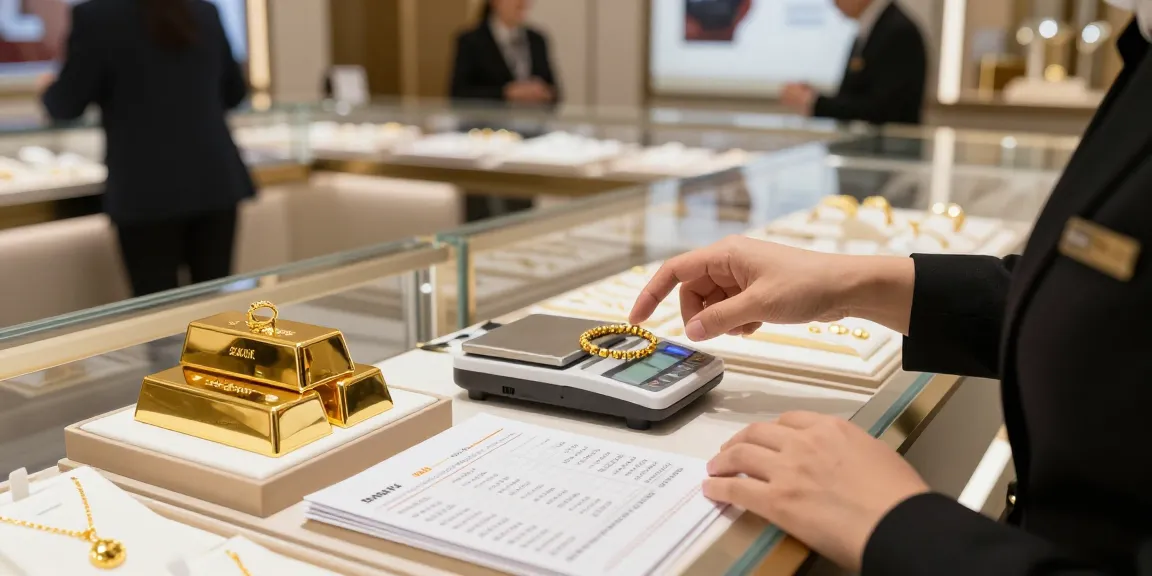 Beautiful gold jewelry showcase emphasizing mantra88 with 24K bars and 22K rings in an elegant showroom.