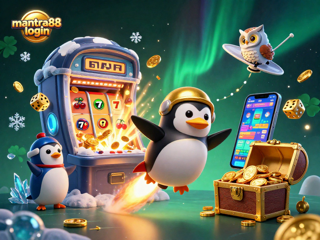 Experience exhilarating gameplay with mantra88 login featuring a golden penguin amidst slots and riches in a vibrant casino scene.