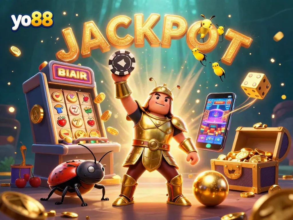 Join the excitement of yo88 as a heroic beetle wins big amid coins and jackpots!