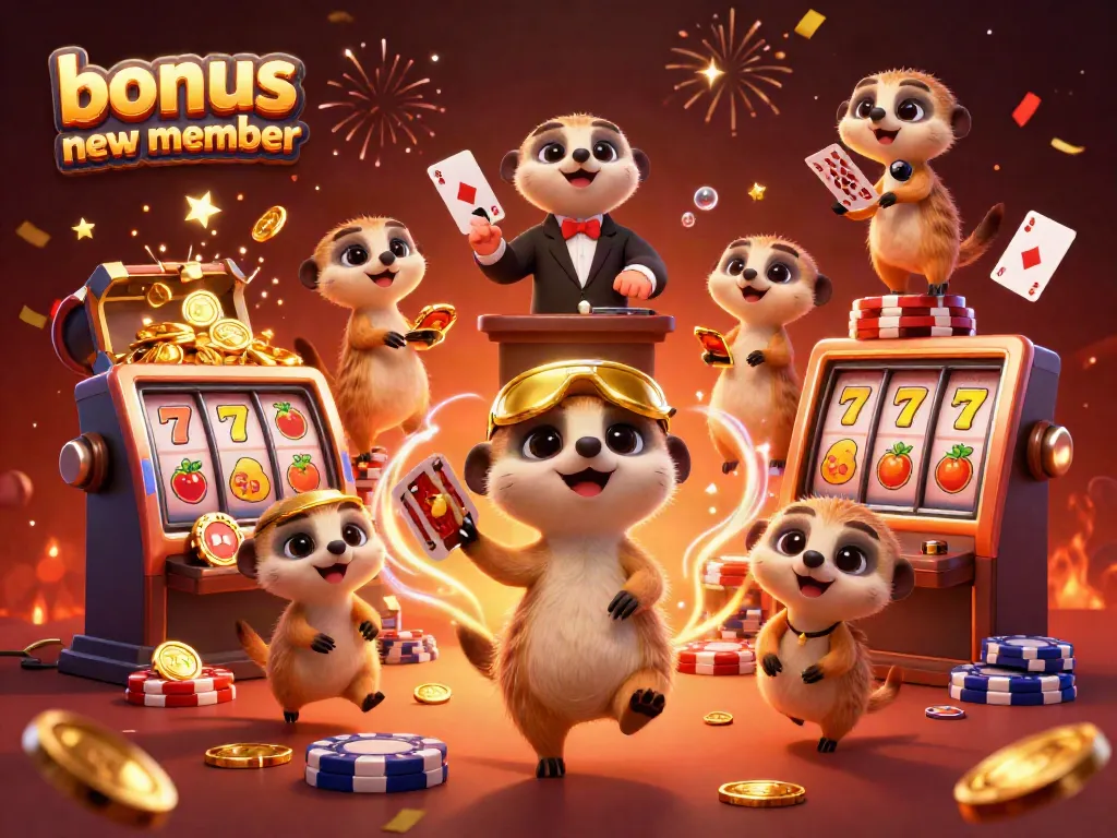 Experience the excitement of the bonus new member offer in this vibrant casino scene featuring upbeat meerkats.