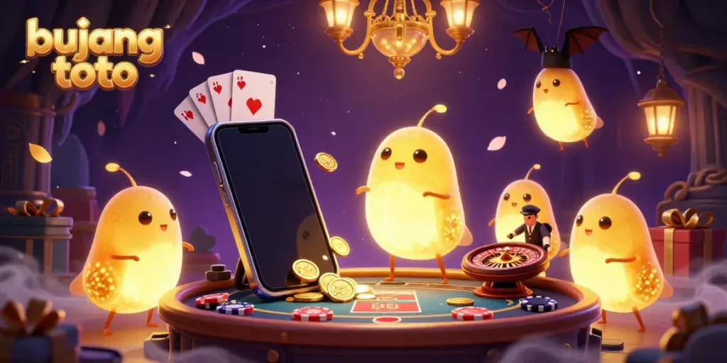 Bujang toto casino scene with glowing glowworms, a bat dealer, and exciting game elements.